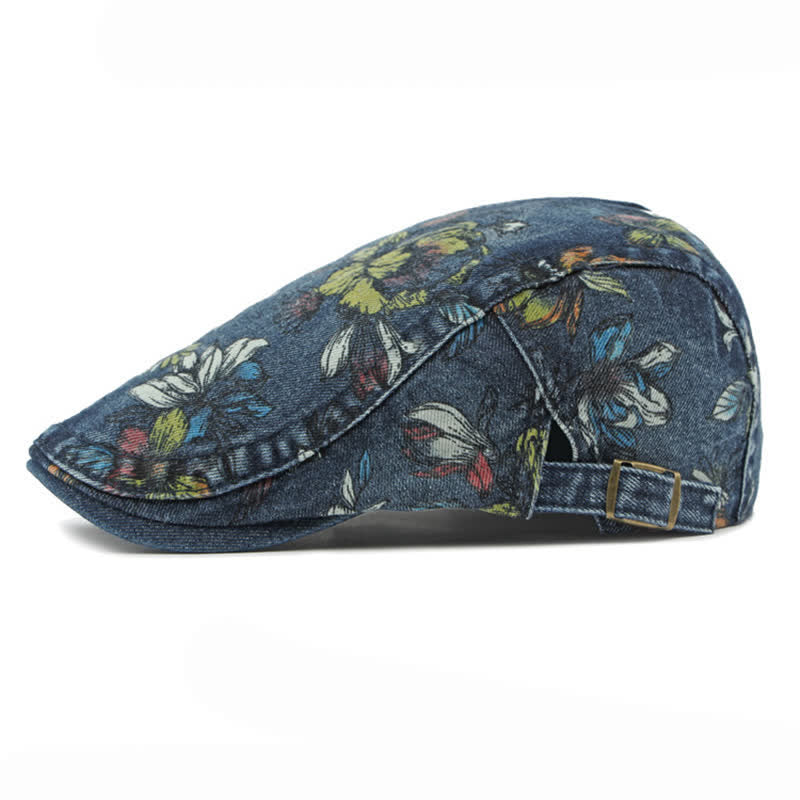 Cappello basco piatto in denim con stampa floreale alla moda