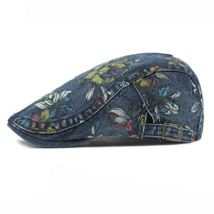 Cappello basco piatto in denim con stampa floreale alla moda