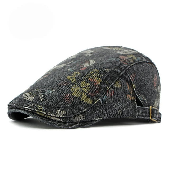Cappello basco piatto in denim con stampa floreale alla moda