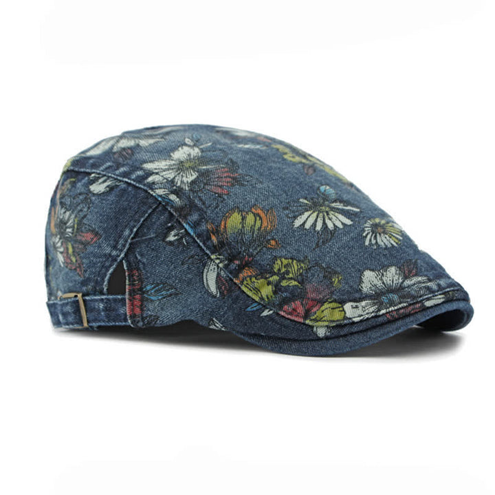 Cappello basco piatto in denim con stampa floreale alla moda