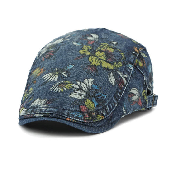 Cappello basco piatto in denim con stampa floreale alla moda