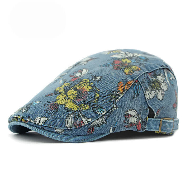 Cappello basco piatto in denim con stampa floreale alla moda