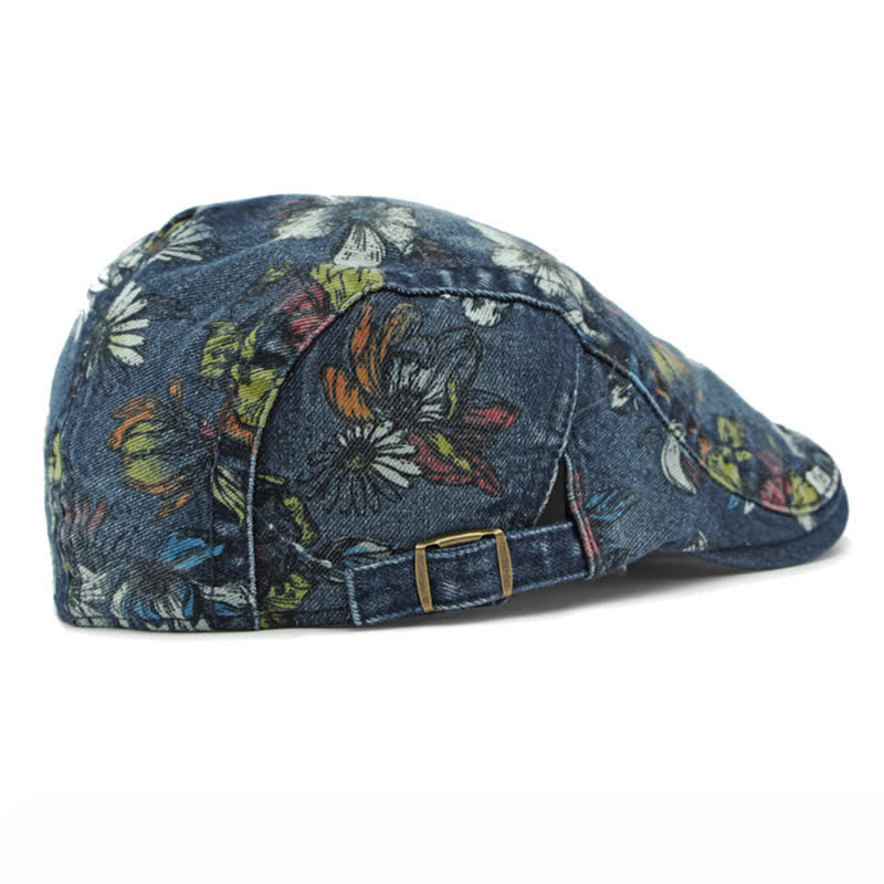 Cappello basco piatto in denim con stampa floreale alla moda