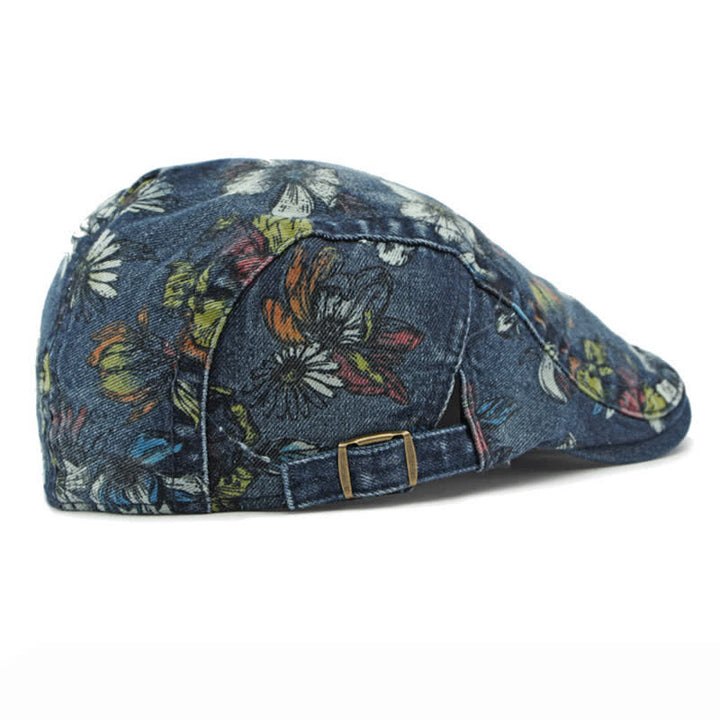 Cappello basco piatto in denim con stampa floreale alla moda