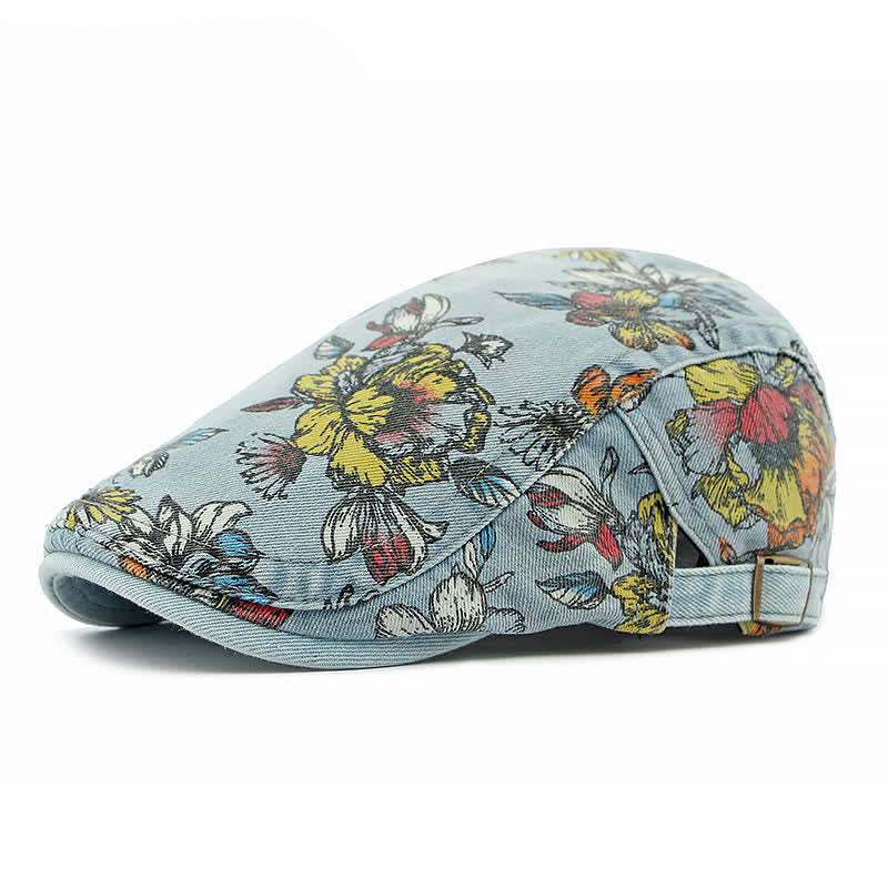 Cappello basco piatto in denim con stampa floreale alla moda