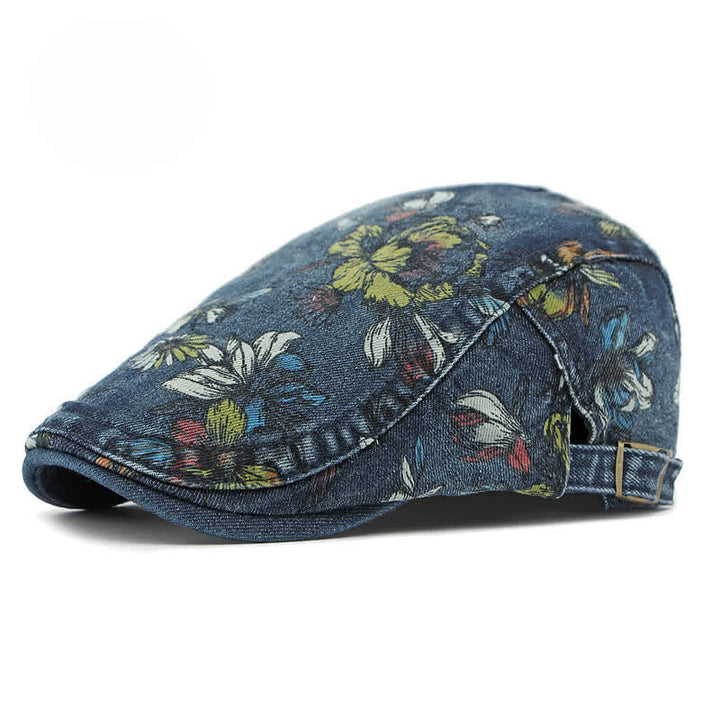 Cappello basco piatto in denim con stampa floreale alla moda