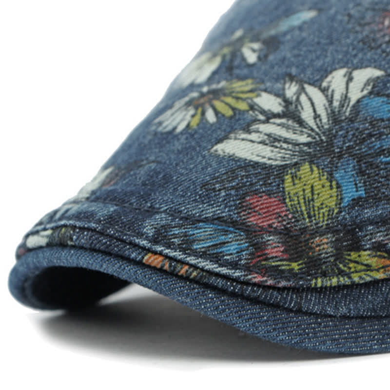 Cappello basco piatto in denim con stampa floreale alla moda