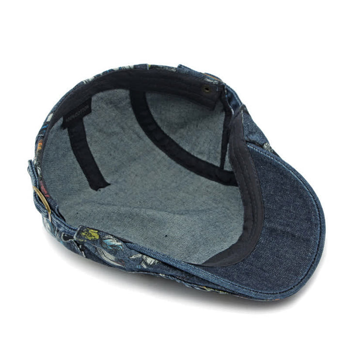 Cappello basco piatto in denim con stampa floreale alla moda