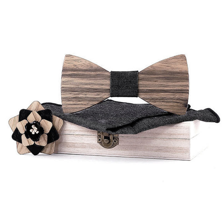 Set di 3 papillon in legno di noce con spilla a forma di fiore da uomo