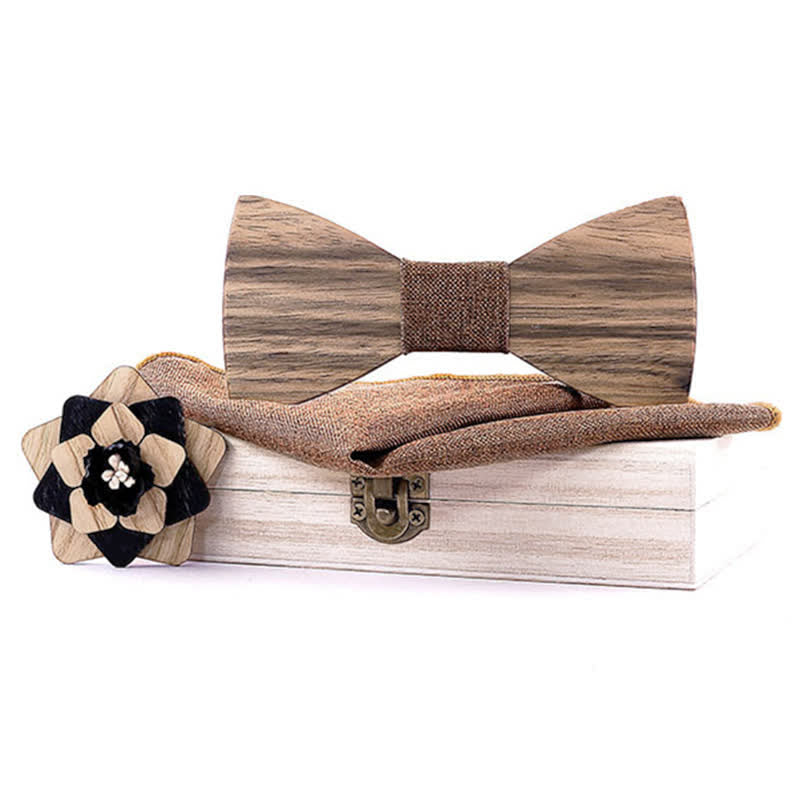 Set di 3 papillon in legno di noce con spilla a forma di fiore da uomo