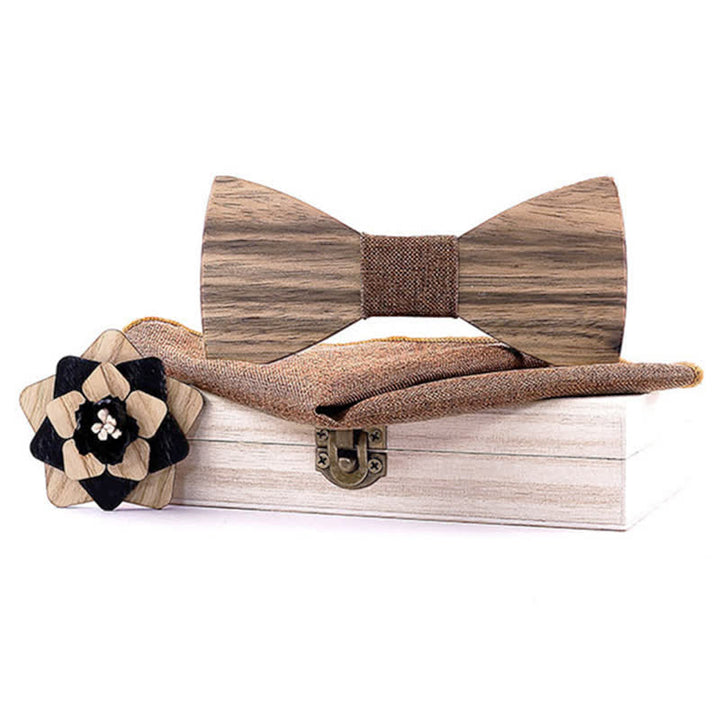 Set di 3 papillon in legno di noce con spilla a forma di fiore da uomo