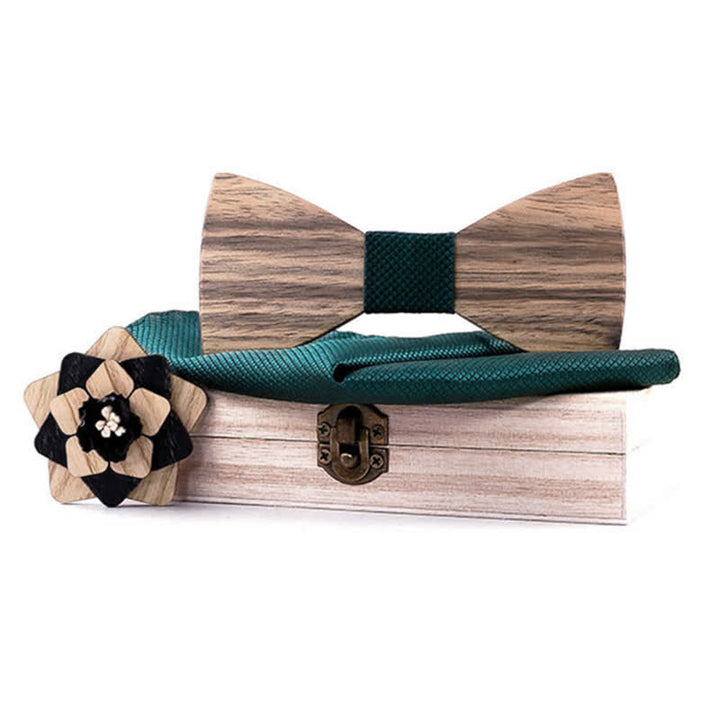 Set di 3 papillon in legno di noce con spilla a forma di fiore da uomo