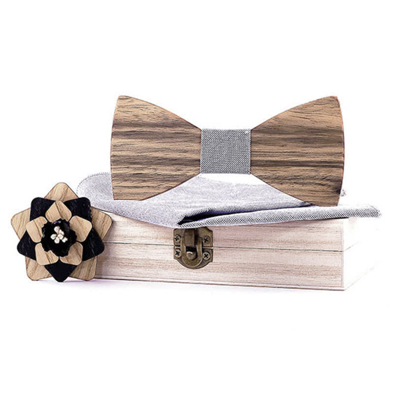 Set di 3 papillon in legno di noce con spilla a forma di fiore da uomo
