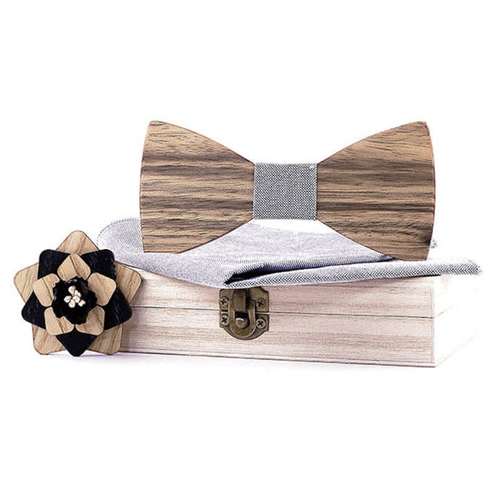 Set di 3 papillon in legno di noce con spilla a forma di fiore da uomo