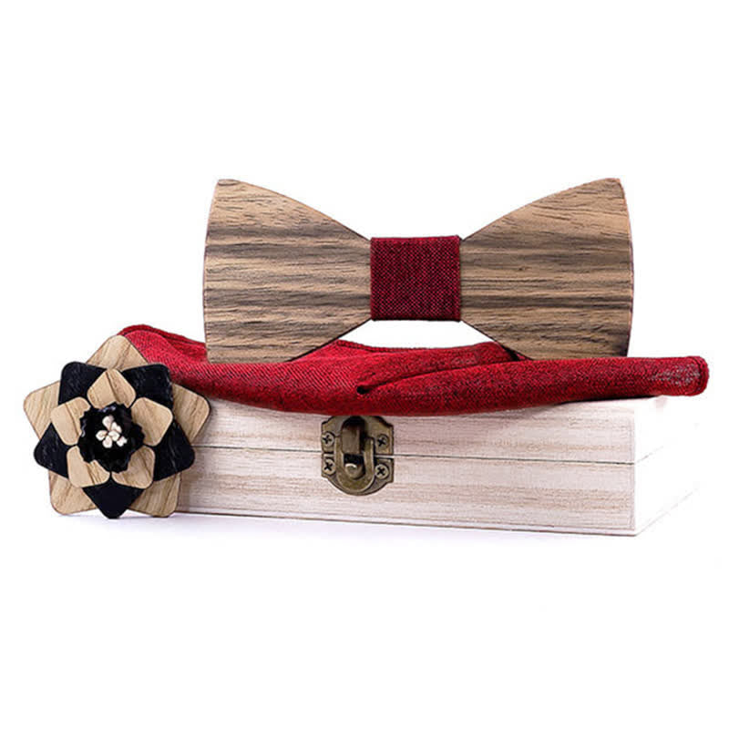 Set di 3 papillon in legno di noce con spilla a forma di fiore da uomo