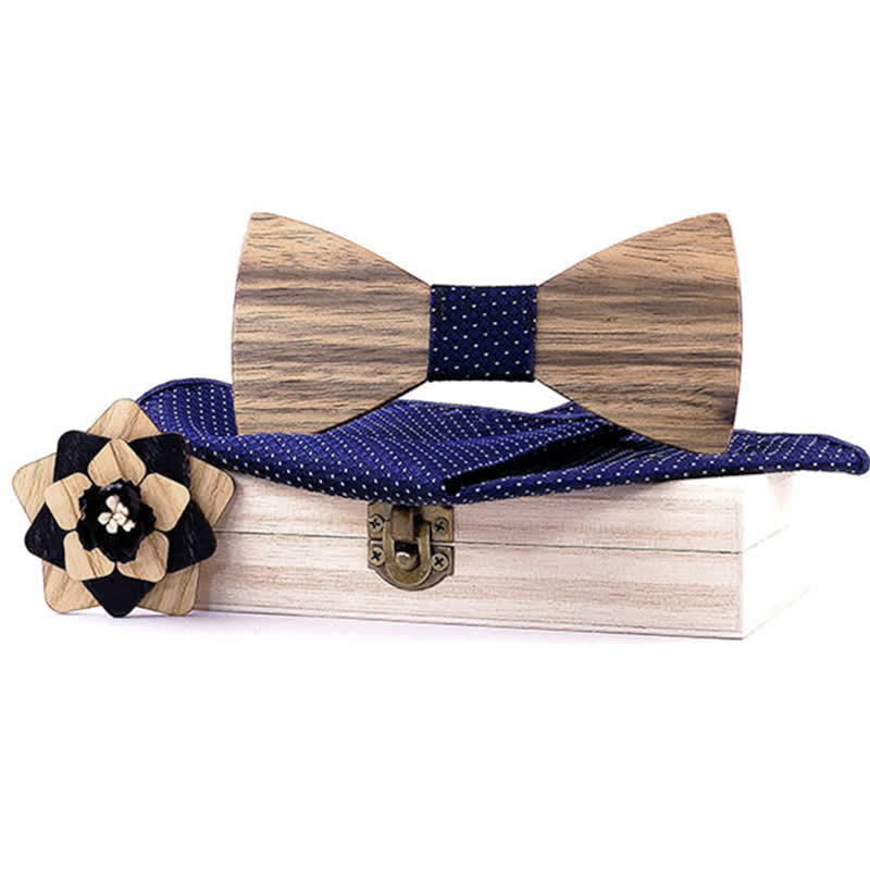 Set di 3 papillon in legno di noce con spilla a forma di fiore da uomo