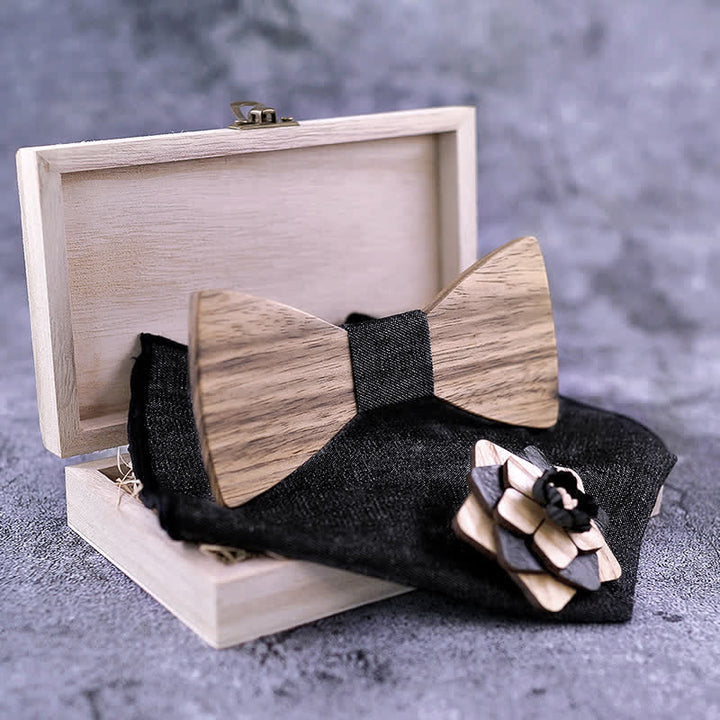 Set di 3 papillon in legno di noce con spilla a forma di fiore da uomo