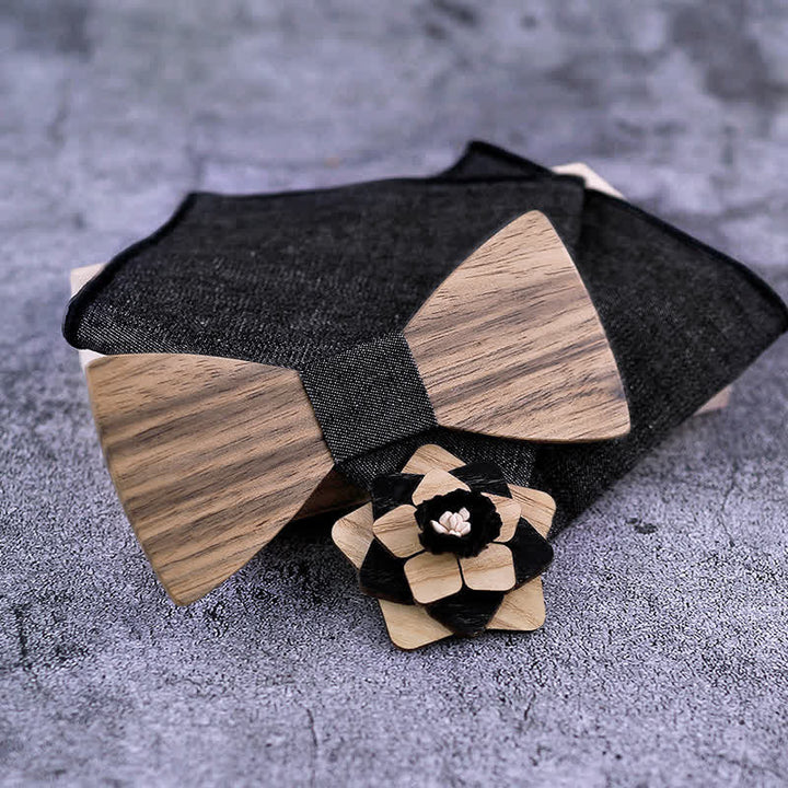 Set di 3 papillon in legno di noce con spilla a forma di fiore da uomo