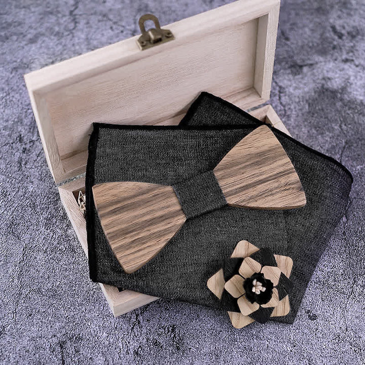 Set di 3 papillon in legno di noce con spilla a forma di fiore da uomo