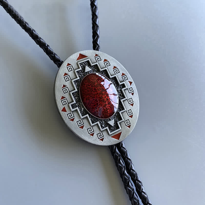 Cravatta Bolo Vintage in stile totem indiano occidentale color rubino - Argento antico - image 0