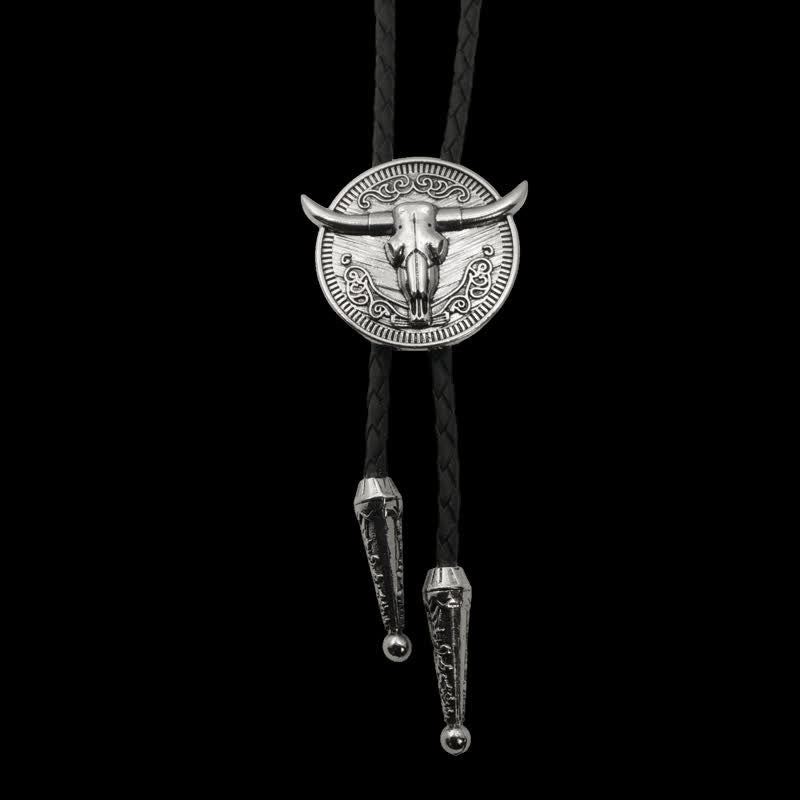 Cravatta Bolo in pelle da cowboy con testa di mucca e corna di toro - Argento - image 0