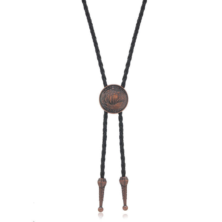 Cravatta Bolo in pelle con moneta antica e tre barche a vela - Nero - image 7