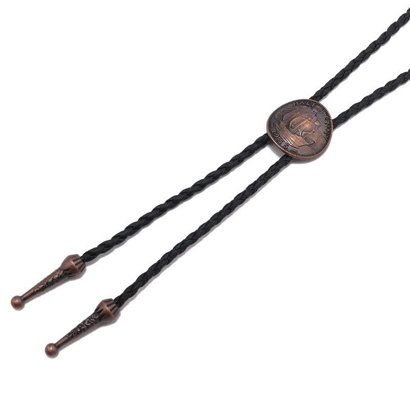 Cravatta Bolo in pelle con moneta antica e tre barche a vela
