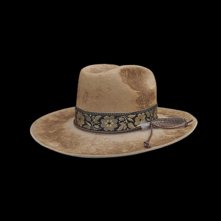 Cappello da cowboy in lana con piume decorative e fiori jacquard
