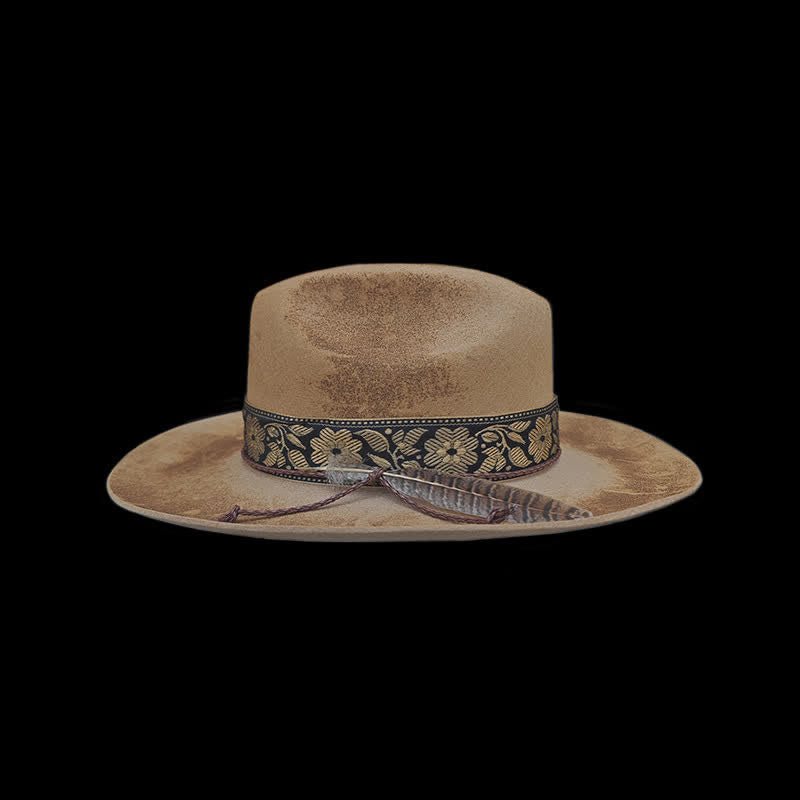 Cappello da cowboy in lana con piume decorative e fiori jacquard