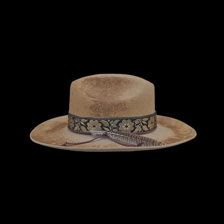 Cappello da cowboy in lana con piume decorative e fiori jacquard