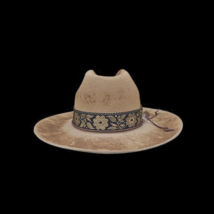 Cappello da cowboy in lana con piume decorative e fiori jacquard