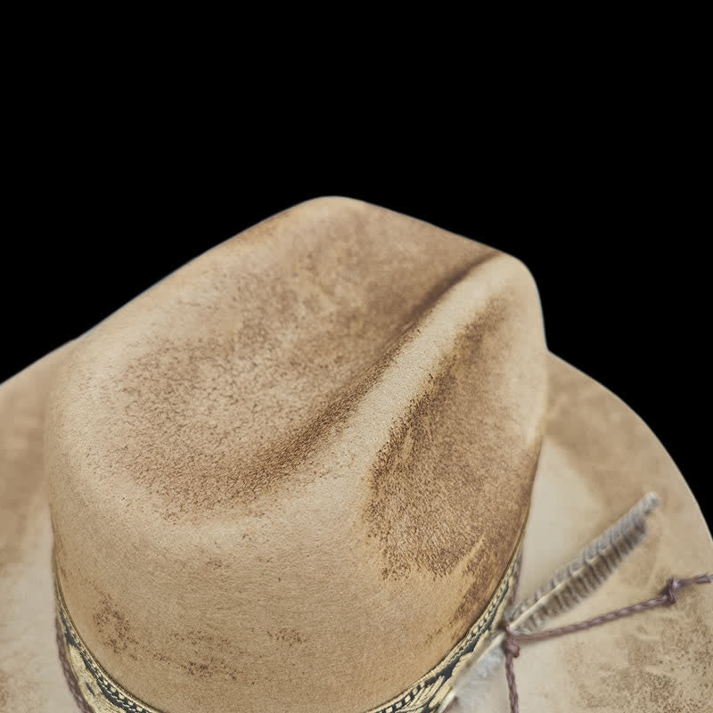 Cappello da cowboy in lana con piume decorative e fiori jacquard
