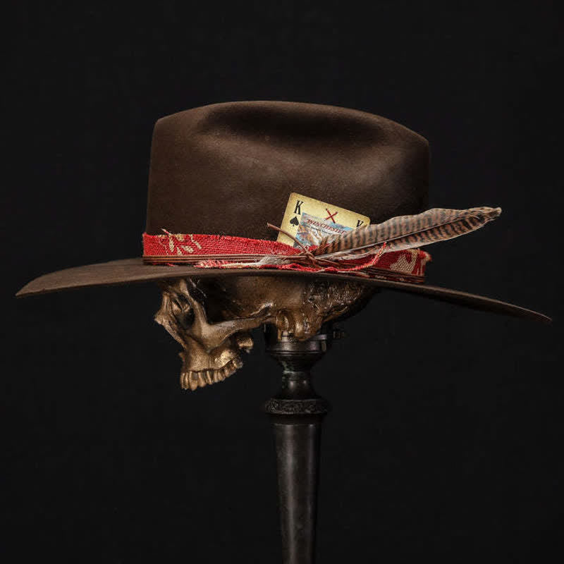 Cappello da cowboy in tessuto rosso di lana imitazione marrone scuro