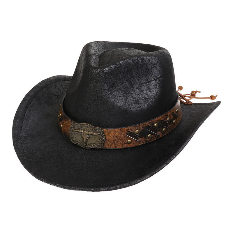 Cappello da cowboy vintage in similpelle Longhorn Bull - Nero - Stile n. 1 - M (22"-22 7/8") - image 6