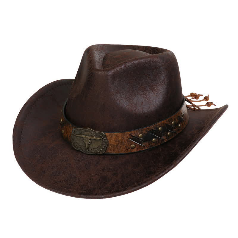 Cappello da cowboy vintage in similpelle Longhorn Bull - Caffè - Stile n. 1 - M (22"-22 7/8") - image 1