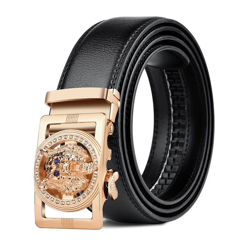 Cintura in pelle con fibbia automatica con strass a testa di lupo da uomo - image 0