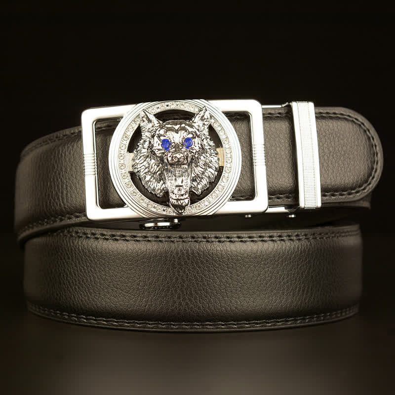 Cintura in pelle con fibbia automatica con strass a testa di lupo da uomo - Argento - 46 - image 8