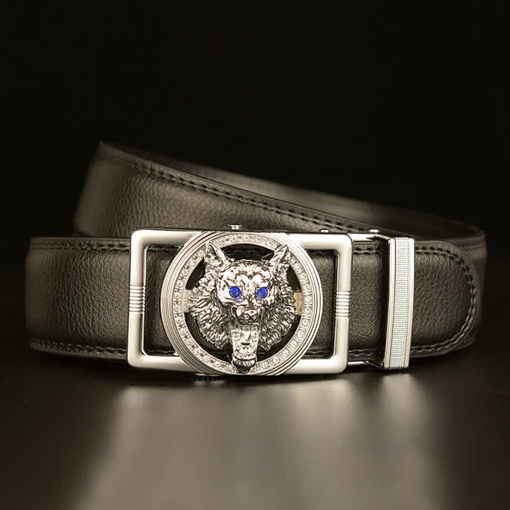 Cintura in pelle con fibbia automatica con strass a testa di lupo da uomo - image 10
