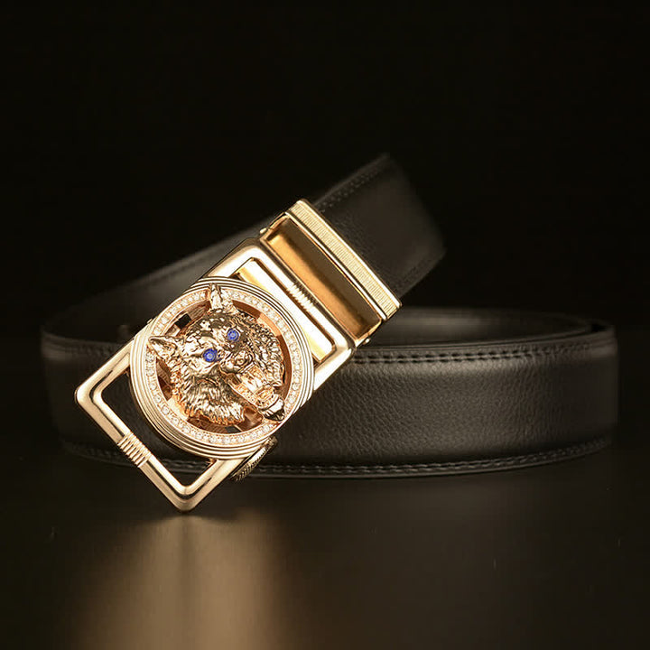 Cintura in pelle con fibbia automatica con strass a testa di lupo da uomo - image 2