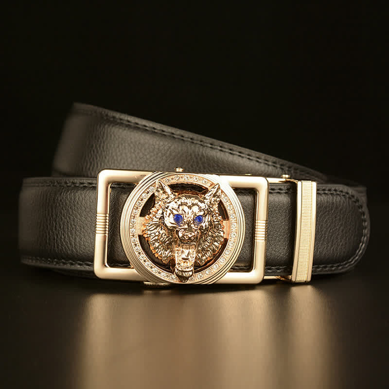 Cintura in pelle con fibbia automatica con strass a testa di lupo da uomo - image 3