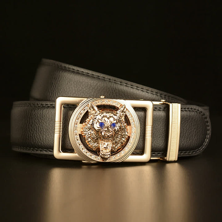 Cintura in pelle con fibbia automatica con strass a testa di lupo da uomo - image 3