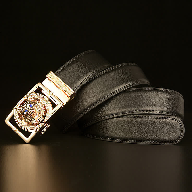 Cintura in pelle con fibbia automatica con strass a testa di lupo da uomo - image 4