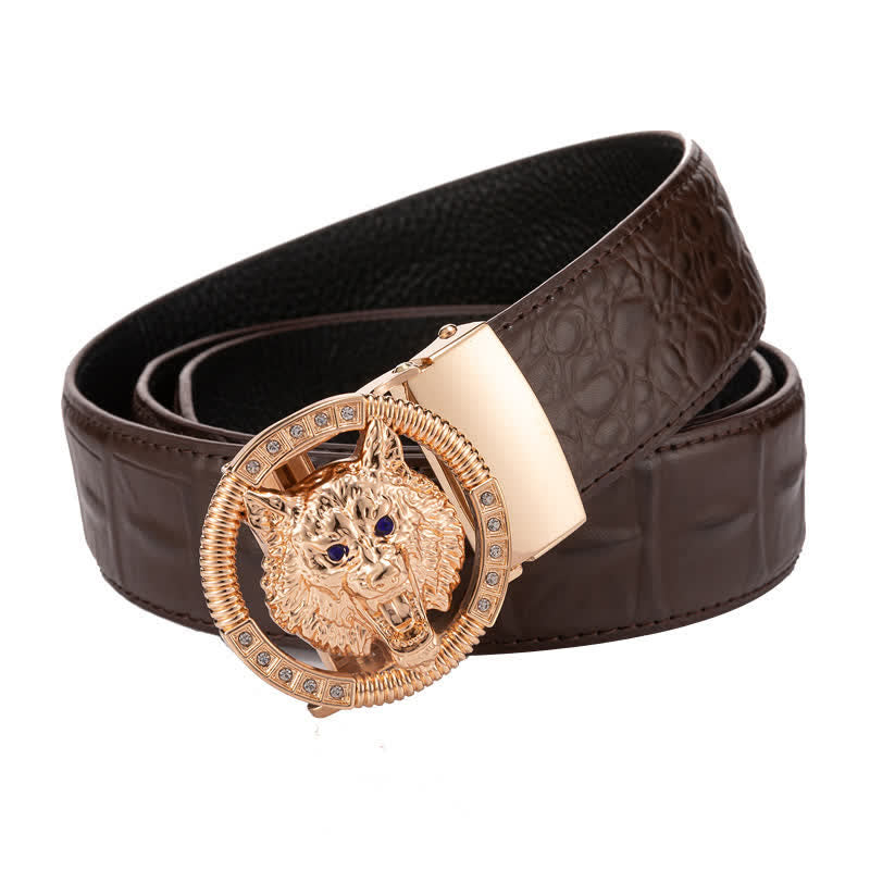 Cintura in pelle con fibbia automatica con strass a forma di lupo rotondo da uomo - Oro / Caffè - 44 - image 10