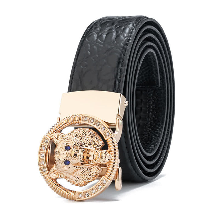 Cintura in pelle con fibbia automatica con strass a forma di lupo rotondo da uomo - Oro / Nero - 44 - image 0
