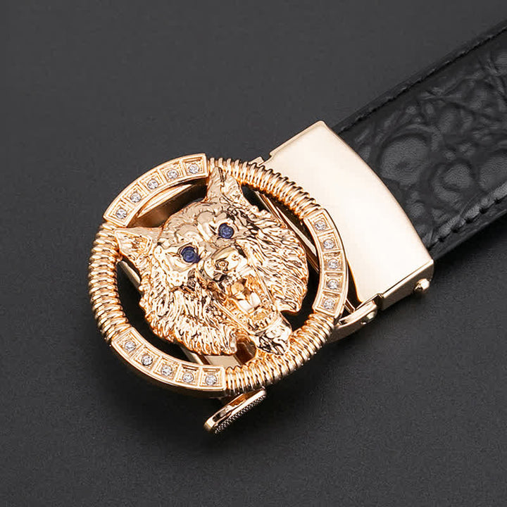 Cintura in pelle con fibbia automatica con strass a forma di lupo rotondo da uomo