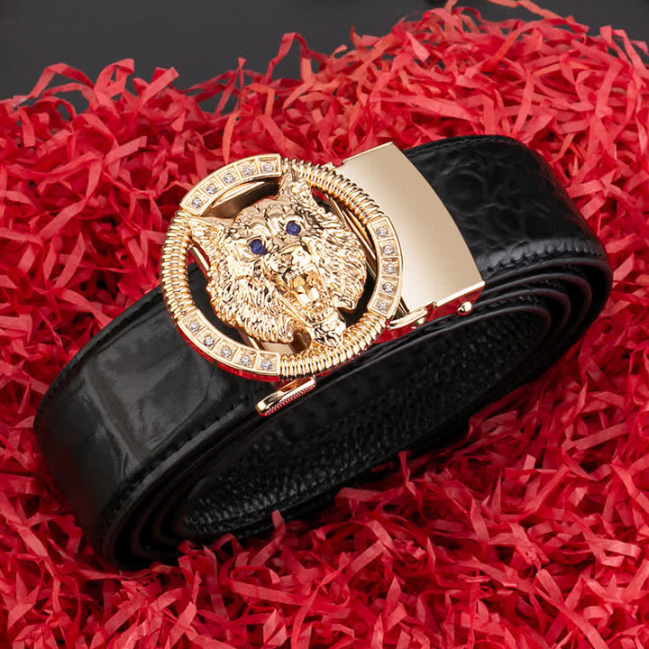 Cintura in pelle con fibbia automatica con strass a forma di lupo rotondo da uomo