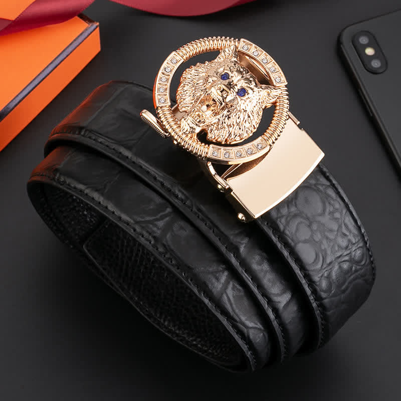Cintura in pelle con fibbia automatica con strass a forma di lupo rotondo da uomo