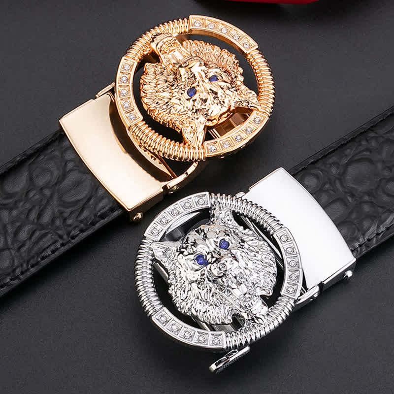 Cintura in pelle con fibbia automatica con strass a forma di lupo rotondo da uomo