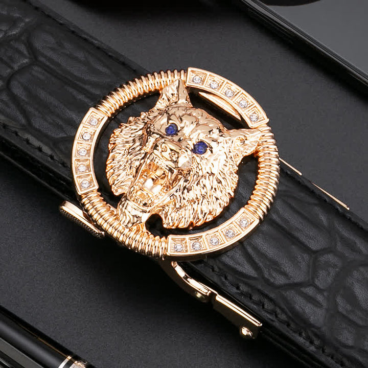 Cintura in pelle con fibbia automatica con strass a forma di lupo rotondo da uomo