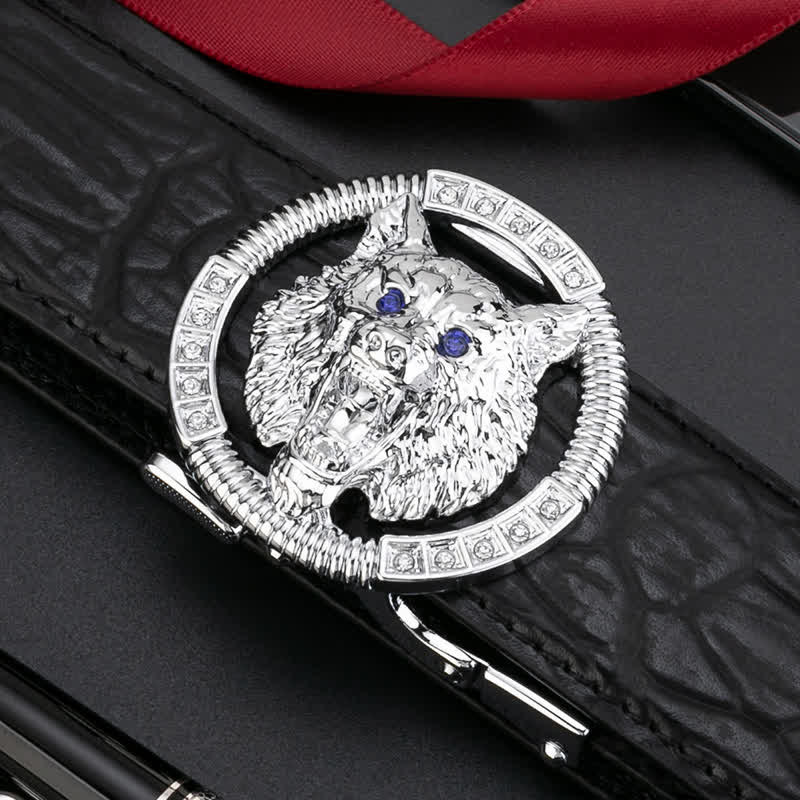 Cintura in pelle con fibbia automatica con strass a forma di lupo rotondo da uomo